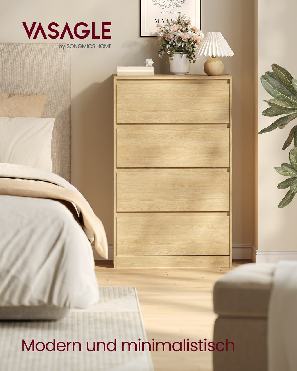 Kommode mit 4 Schubladen, Kommodenschrank, Schubladenschrank, Wäschekommode, für Schlafzimme