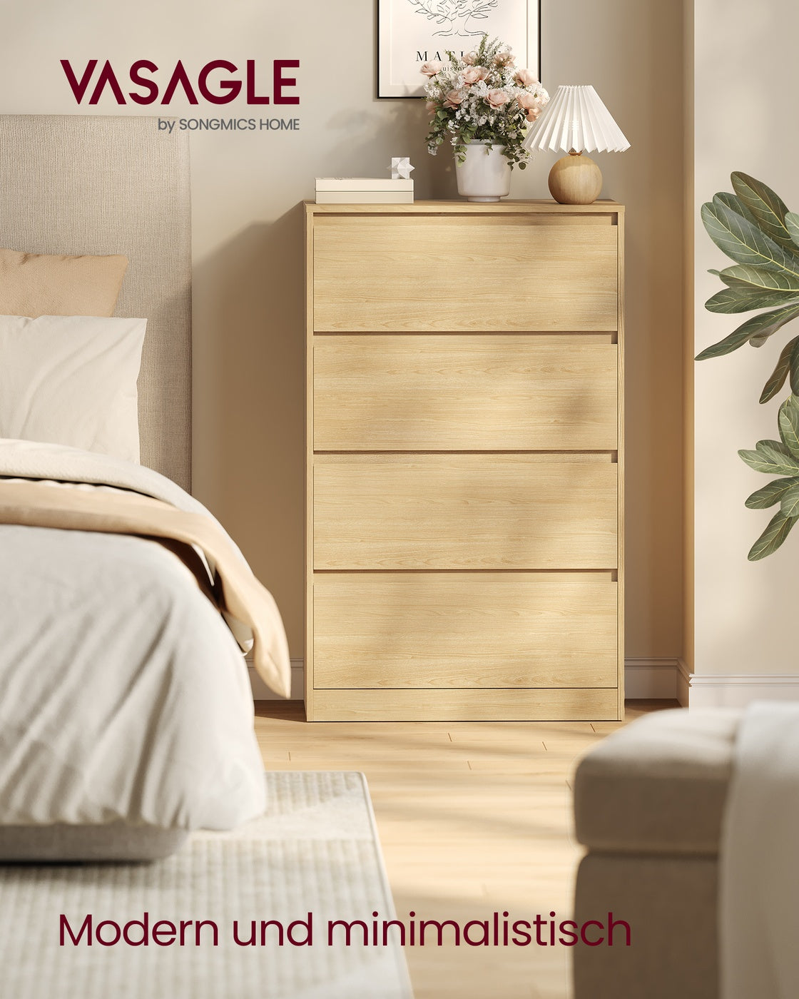 Kommode mit 4 Schubladen, Kommodenschrank, Schubladenschrank, Wäschekommode, für Schlafzimme