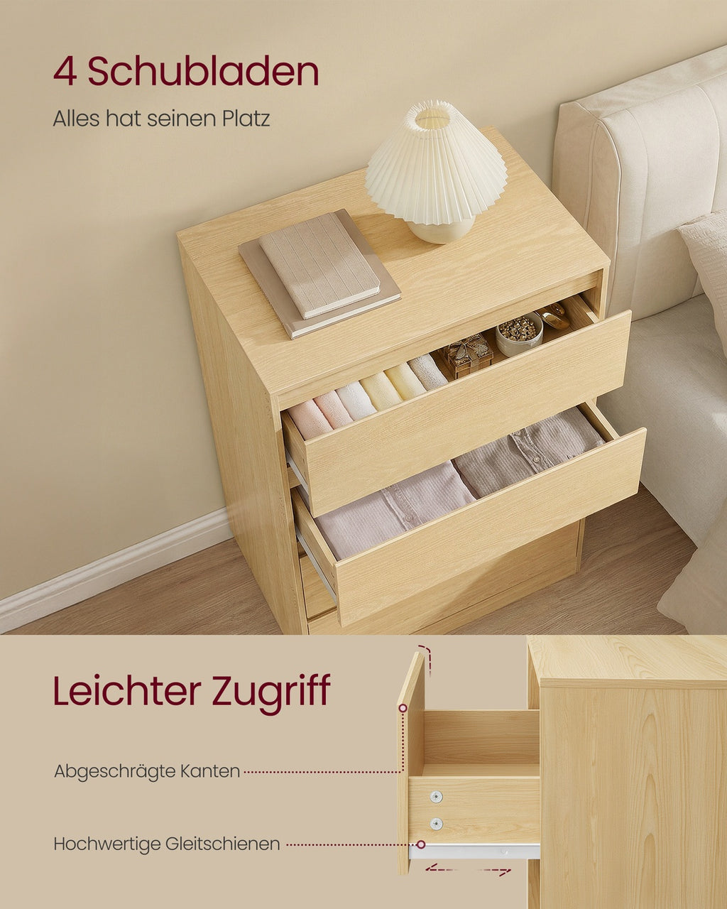 Kommode mit 4 Schubladen, Kommodenschrank, Schubladenschrank, Wäschekommode, für Schlafzimme