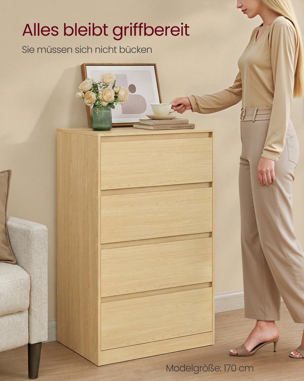 Kommode mit 4 Schubladen, Kommodenschrank, Schubladenschrank, Wäschekommode, für Schlafzimme