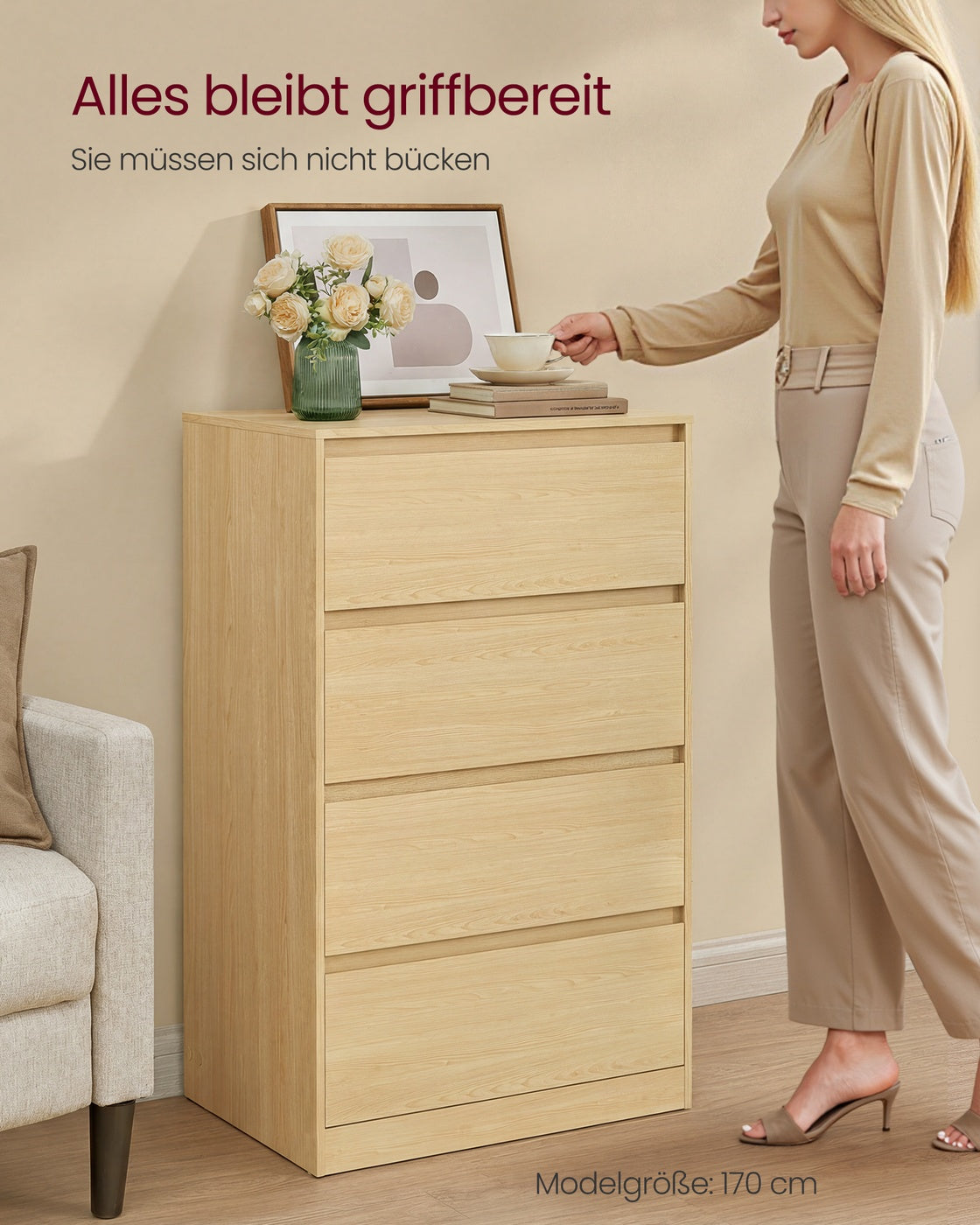 Kommode mit 4 Schubladen, Kommodenschrank, Schubladenschrank, Wäschekommode, für Schlafzimme