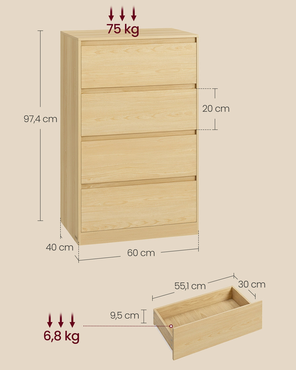 Kommode mit 4 Schubladen, Kommodenschrank, Schubladenschrank, Wäschekommode, für Schlafzimme