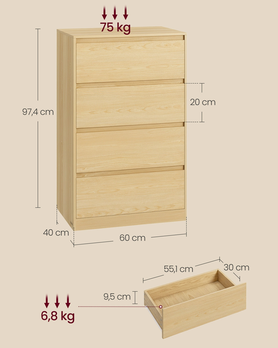Kommode mit 4 Schubladen, Kommodenschrank, Schubladenschrank, Wäschekommode, für Schlafzimme