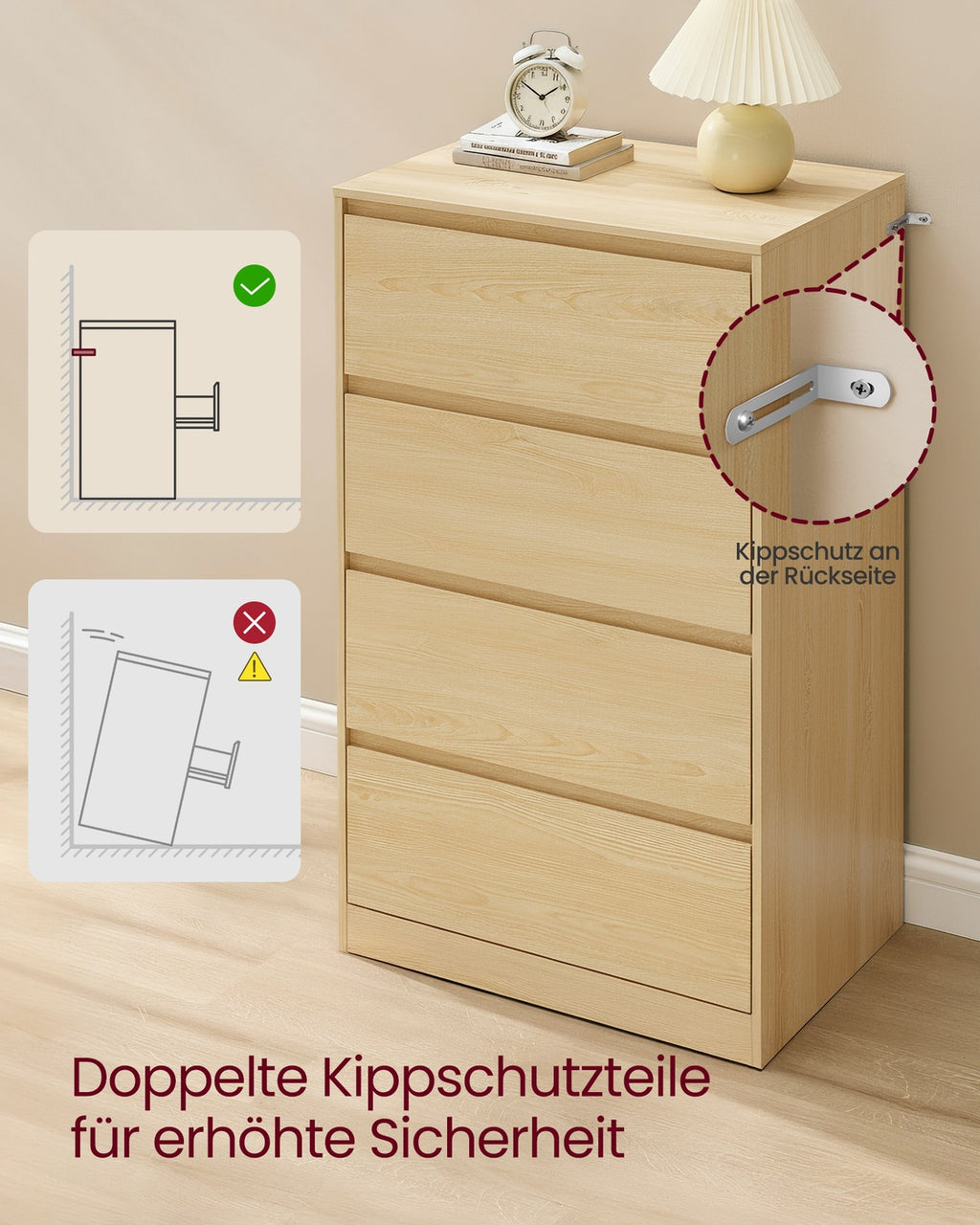 Kommode mit 4 Schubladen, Kommodenschrank, Schubladenschrank, Wäschekommode, für Schlafzimme
