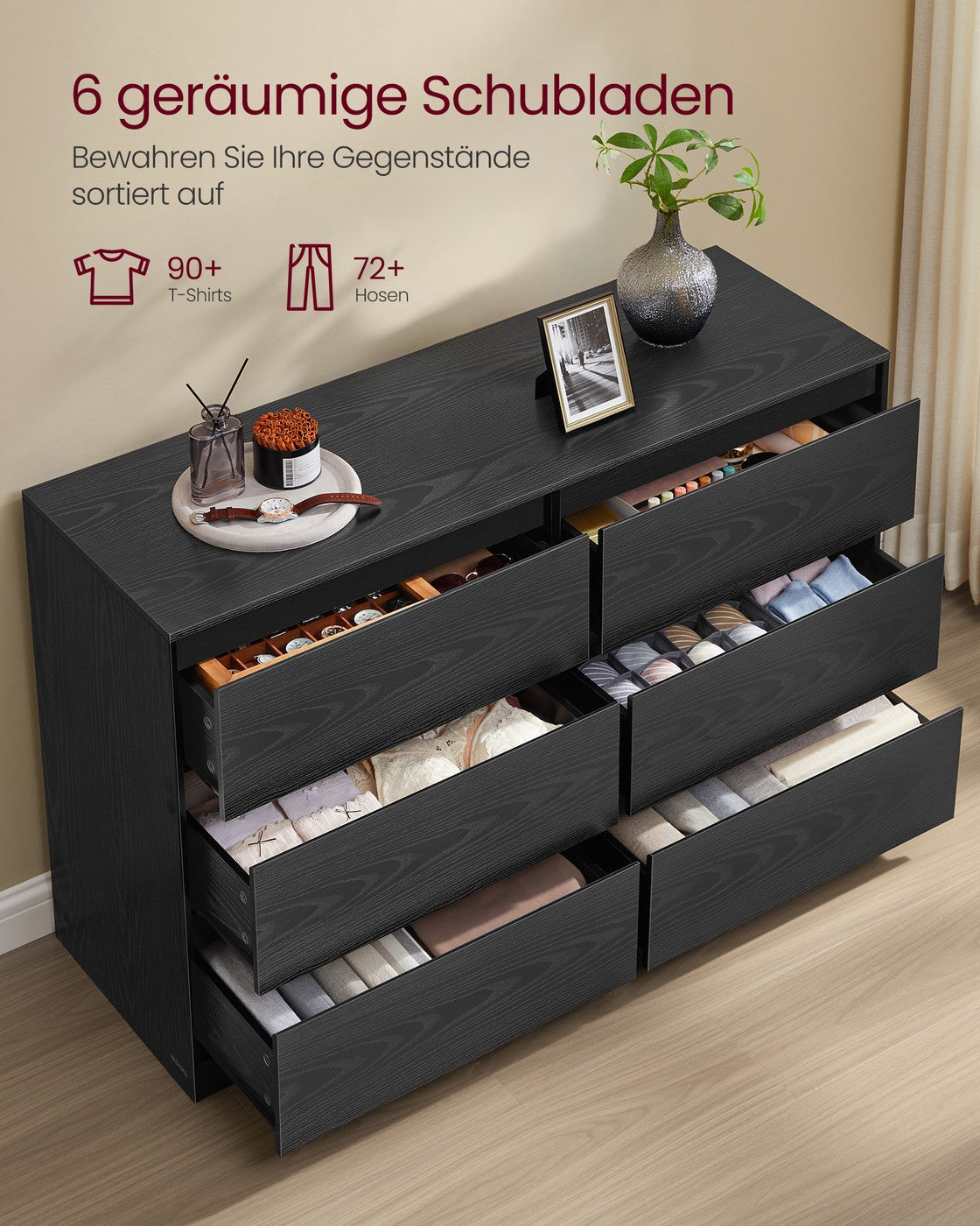 VASAGLE Kommode mit 6 Schubladen, Komodenschrank, Schubladenschrank, Wäschekommode, für Schlafzimmer
