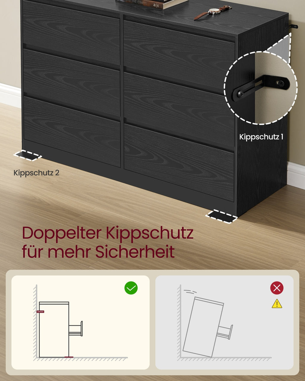 VASAGLE Kommode mit 6 Schubladen, Komodenschrank, Schubladenschrank, Wäschekommode, für Schlafzimmer