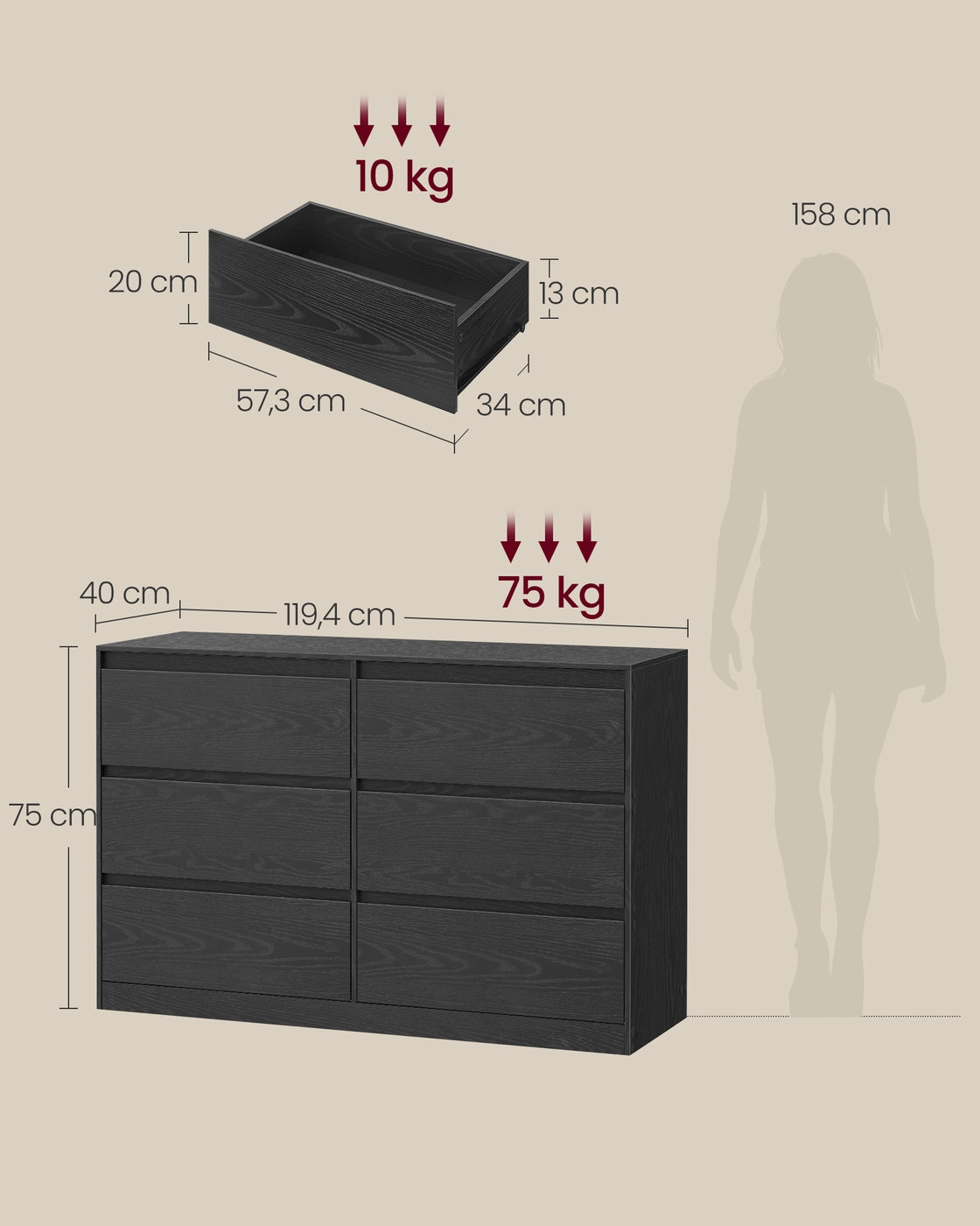 VASAGLE Kommode mit 6 Schubladen, Komodenschrank, Schubladenschrank, Wäschekommode, für Schlafzimmer