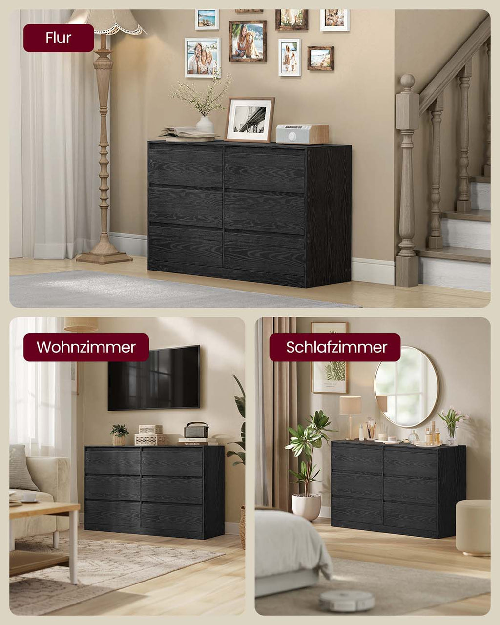 VASAGLE Kommode mit 6 Schubladen, Komodenschrank, Schubladenschrank, Wäschekommode, für Schlafzimmer