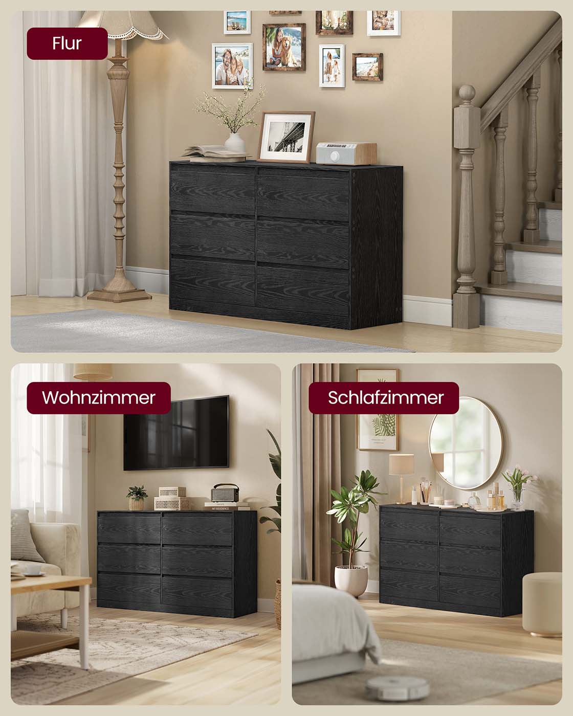 VASAGLE Kommode mit 6 Schubladen, Komodenschrank, Schubladenschrank, Wäschekommode, für Schlafzimmer
