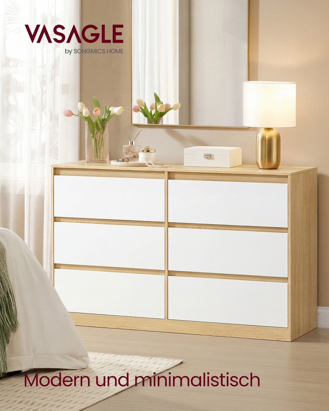 Kommode mandelgelb-weiß 6 Schubladen 119,4x40x75 cm