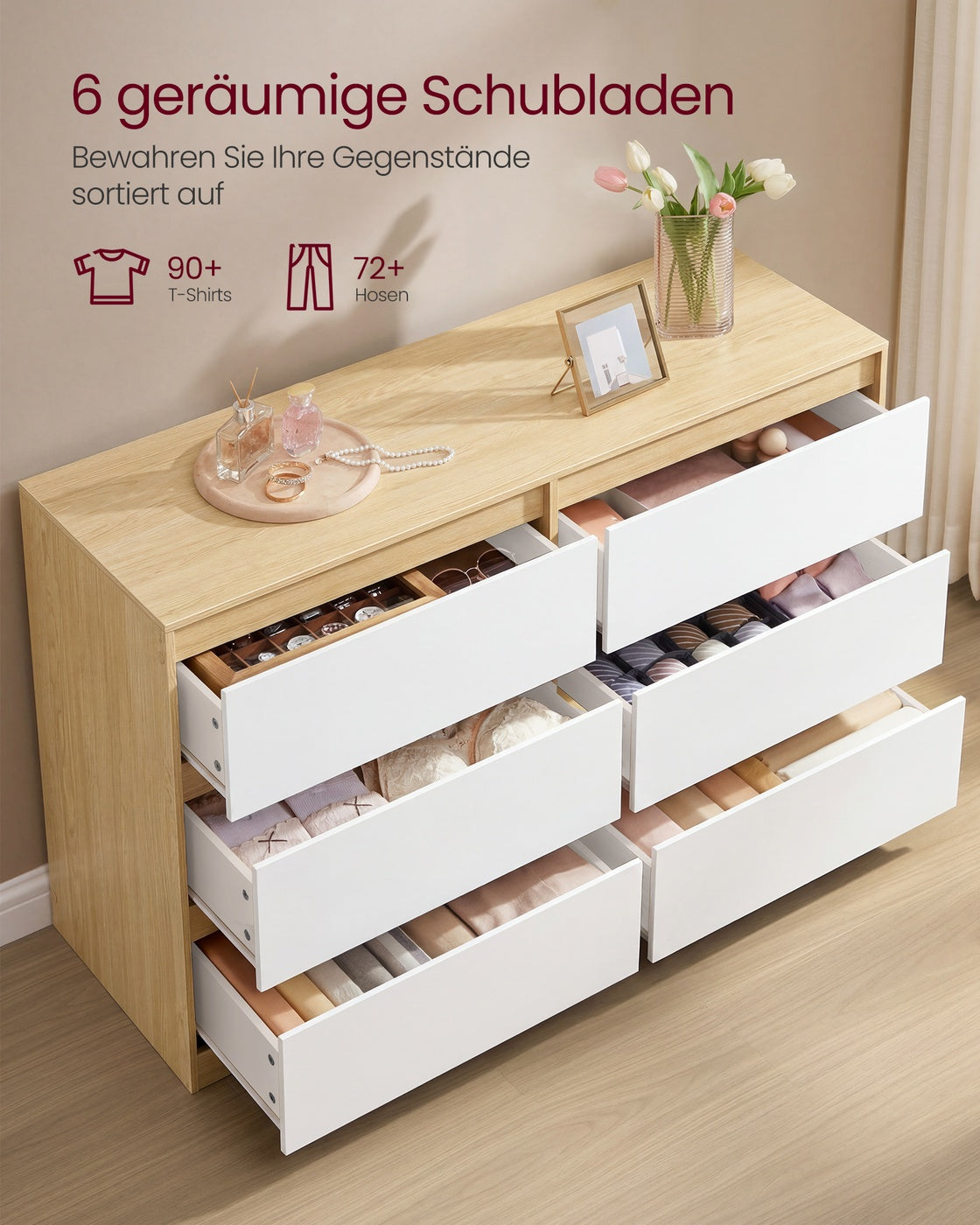Kommode mandelgelb-weiß 6 Schubladen 119,4x40x75 cm