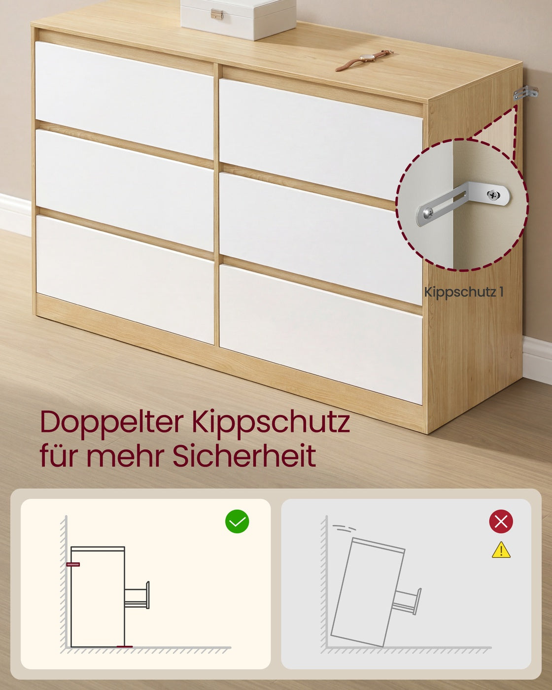 Kommode mandelgelb-weiß 6 Schubladen 119,4x40x75 cm