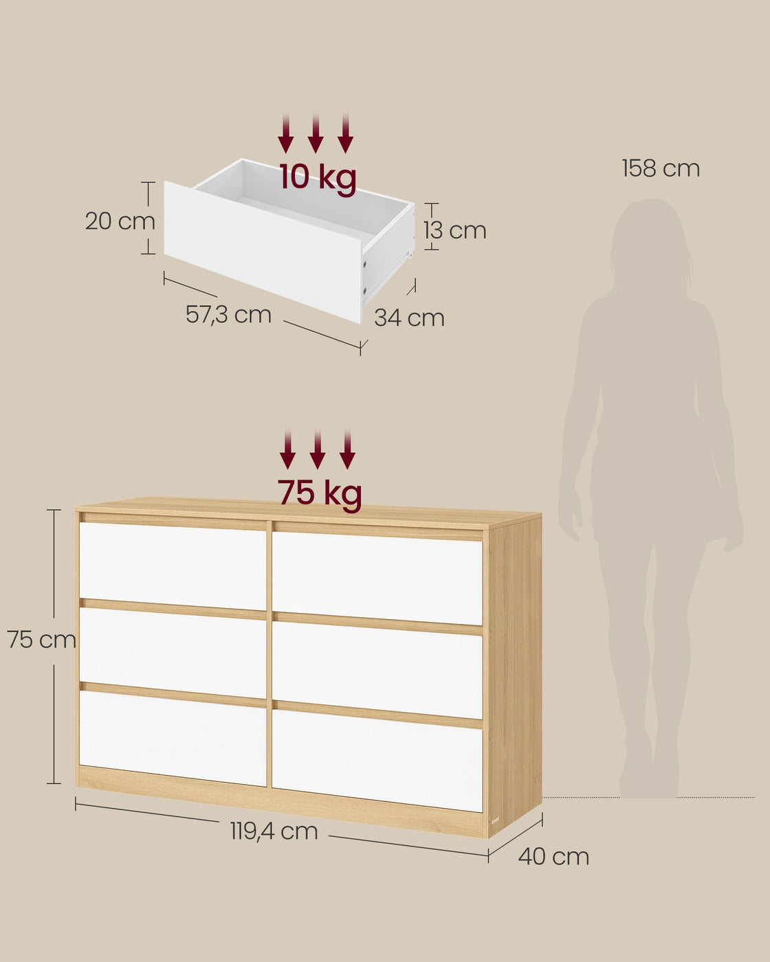 Kommode mandelgelb-weiß 6 Schubladen 119,4x40x75 cm