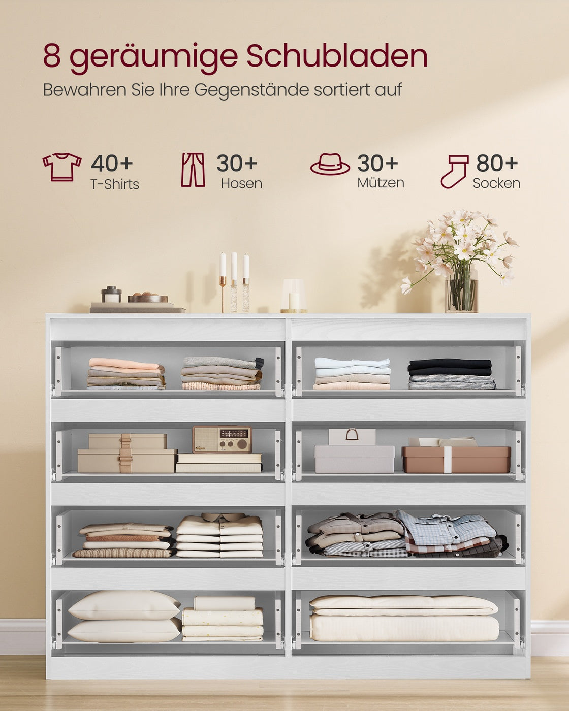 Kommode mit 8 Schubladen für Schlafzimmer schneeweiß