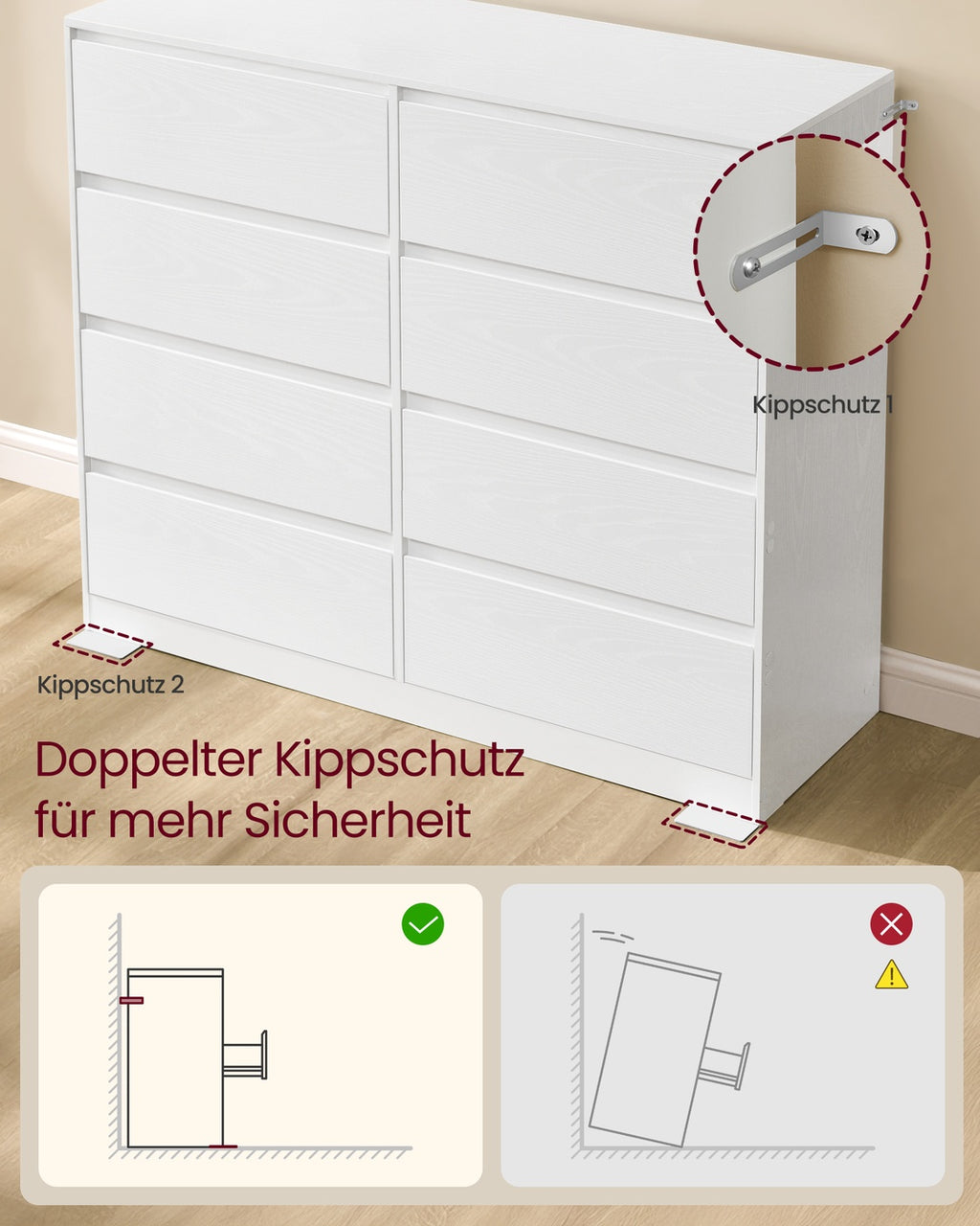 Kommode mit 8 Schubladen für Schlafzimmer schneeweiß