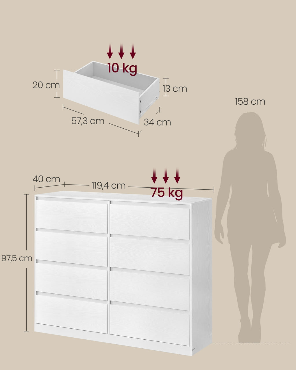 Kommode mit 8 Schubladen für Schlafzimmer schneeweiß