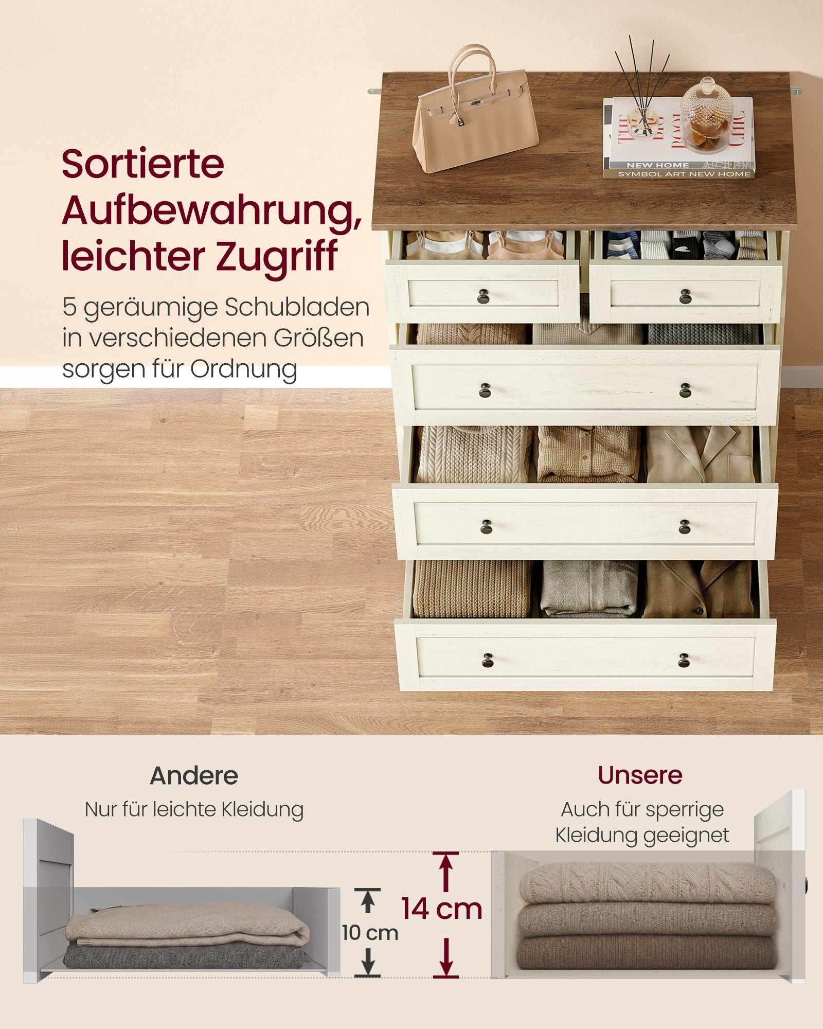 Kommode vintageweiß-honigbraun 5 Schubladen Landhausstil