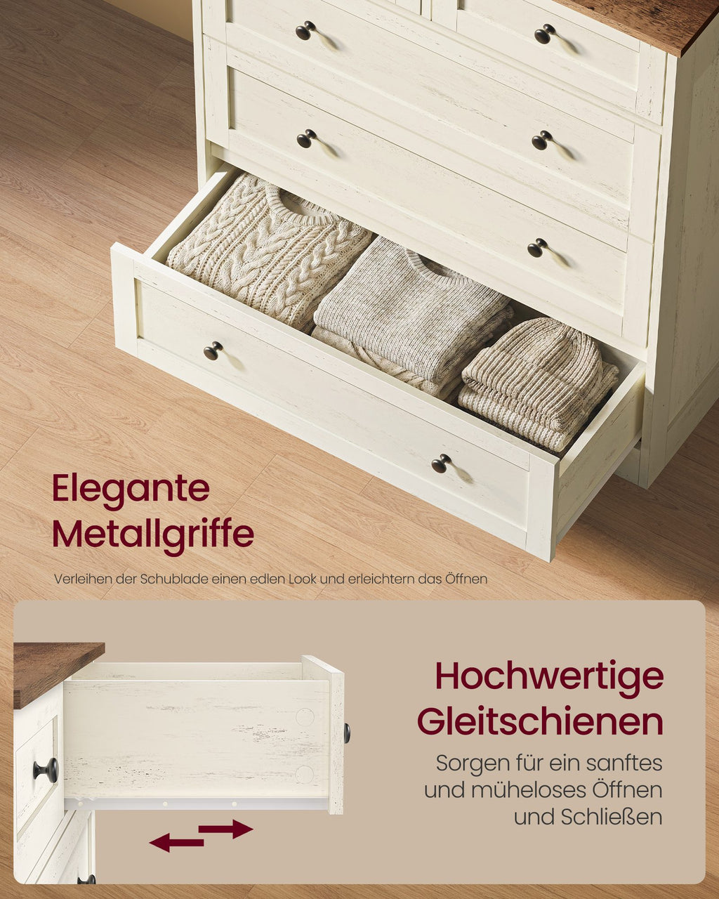 Kommode vintageweiß-honigbraun 5 Schubladen Landhausstil