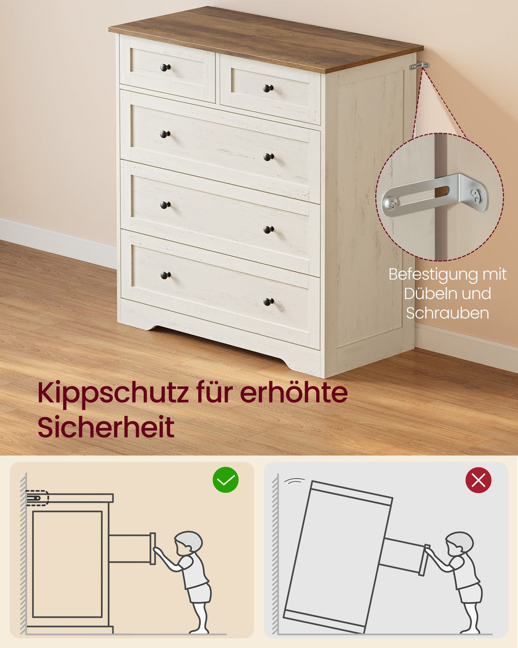 Kommode vintageweiß-honigbraun 5 Schubladen Landhausstil