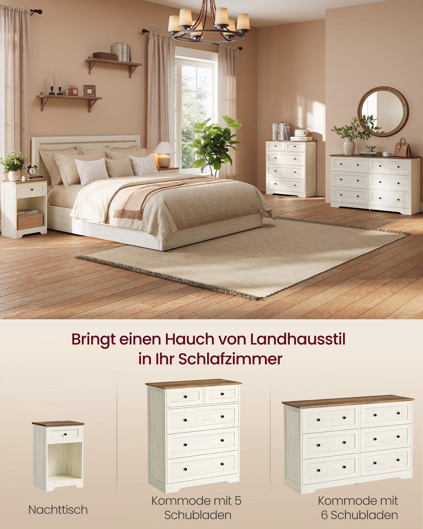 Kommode vintageweiß-honigbraun 5 Schubladen Landhausstil
