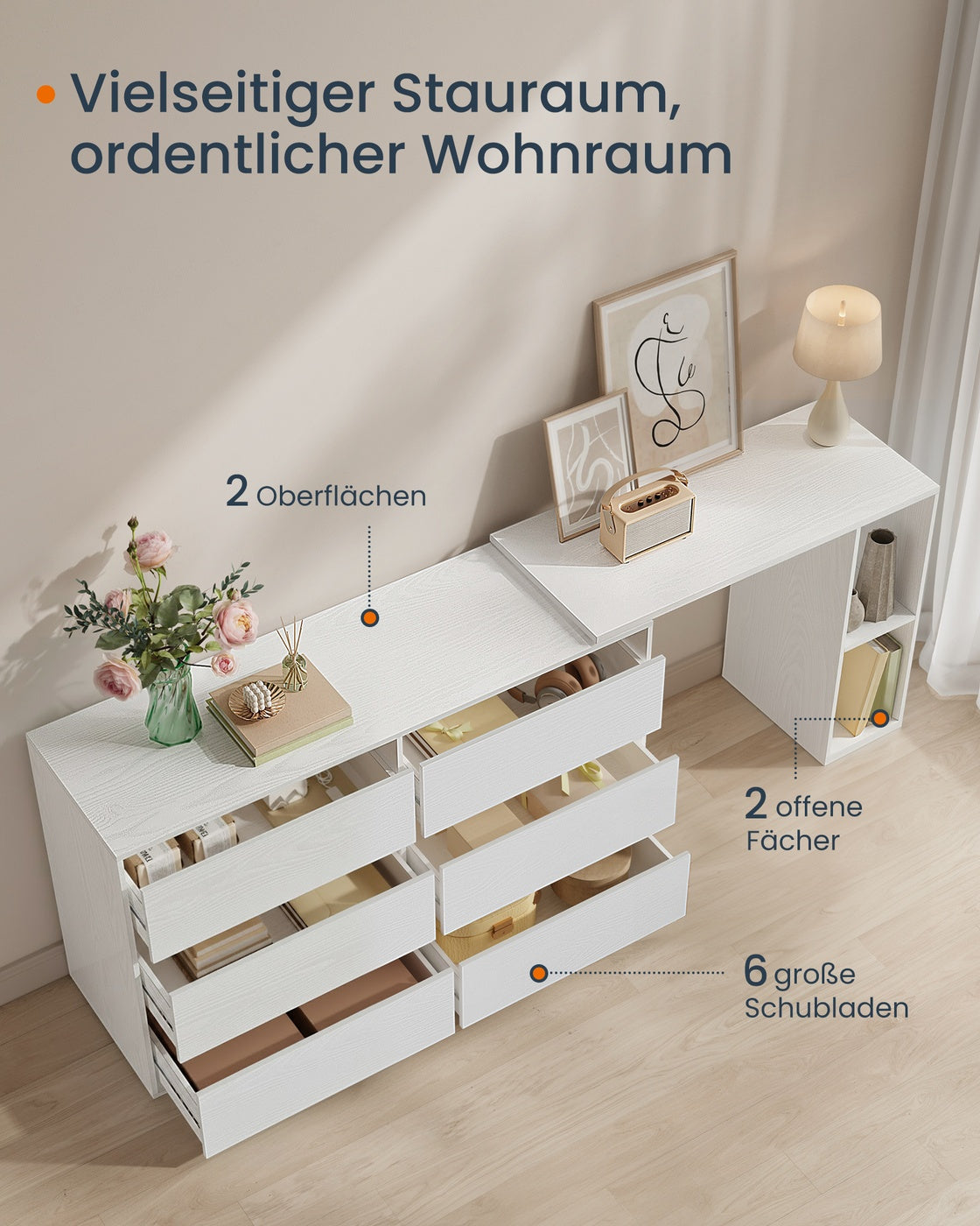 Schminktisch mit Regal nebeneinander oder L-förmig schneeweiß