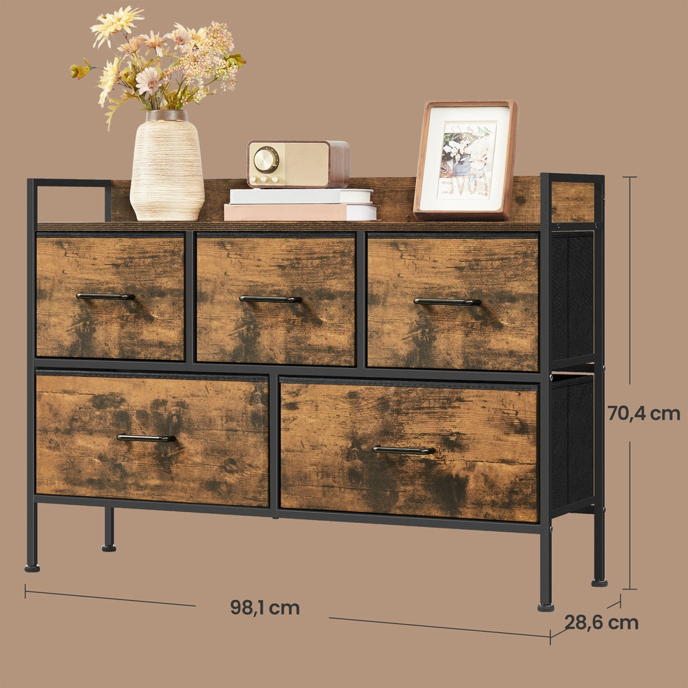 Kommode mit 5 Stoff-Schubladen vintagebraun-tintenschwarz