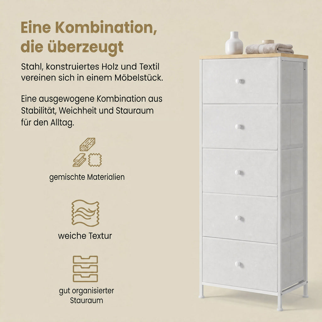 Kommode, Aufbewahrungsschrank mit 5 Stoff-Schubladen, Metallrahmen