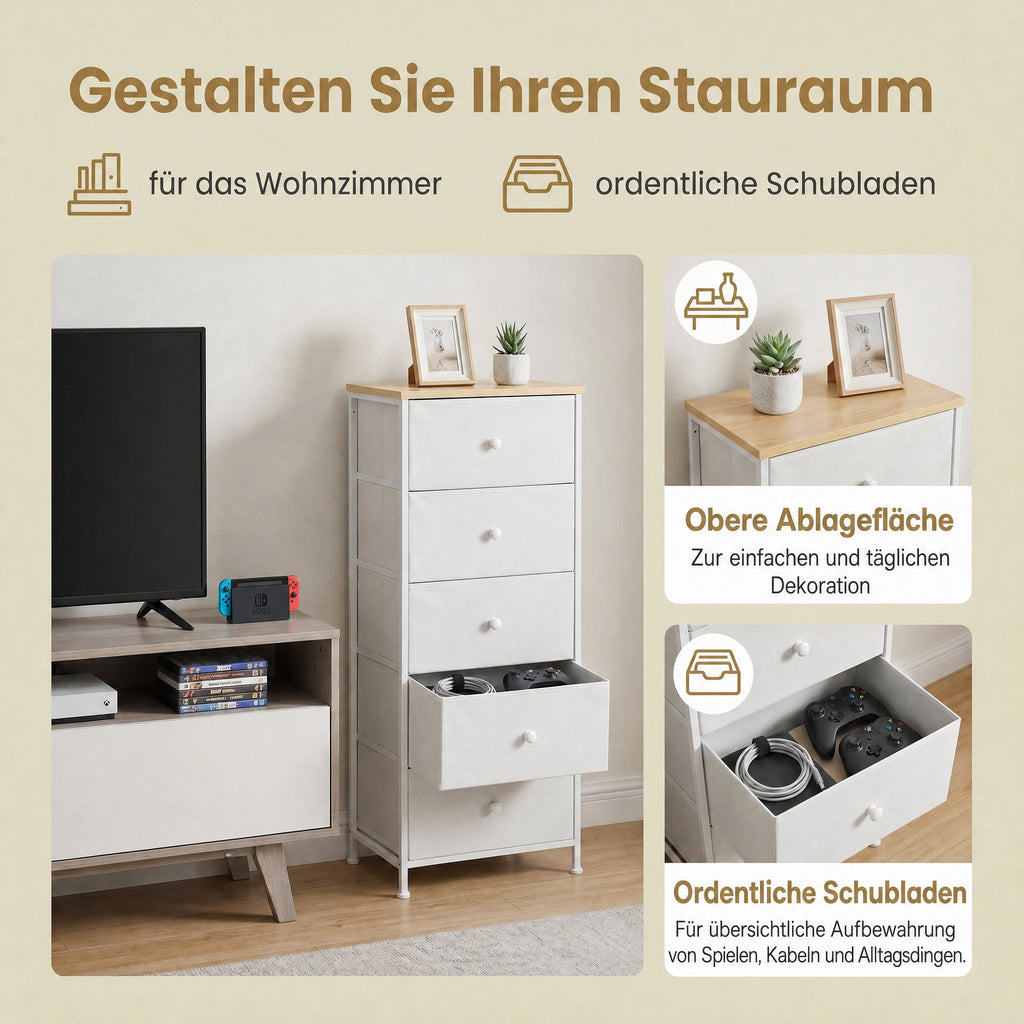 Kommode, Aufbewahrungsschrank mit 5 Stoff-Schubladen, Metallrahmen