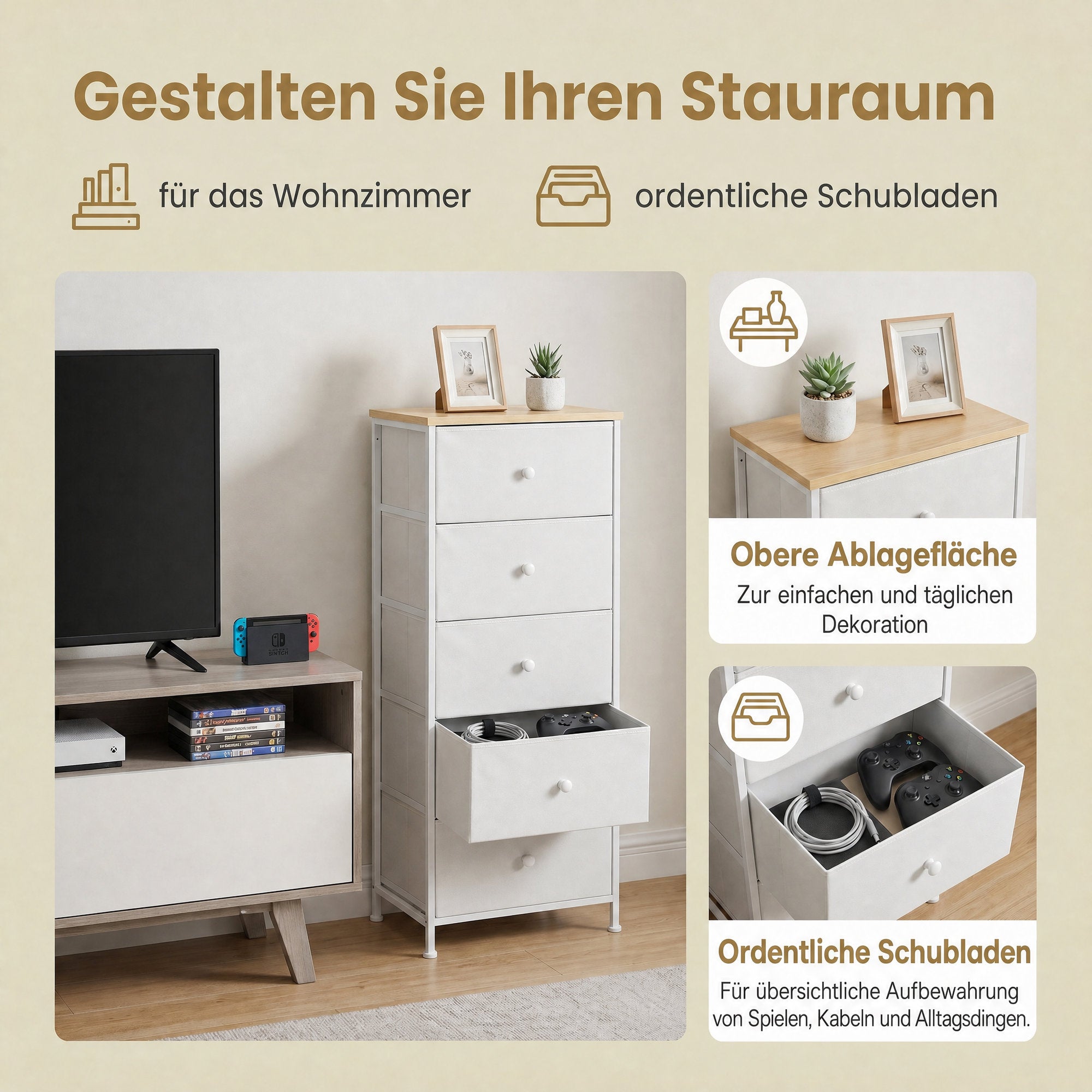 Kommode, Aufbewahrungsschrank mit 5 Stoff-Schubladen, Metallrahmen