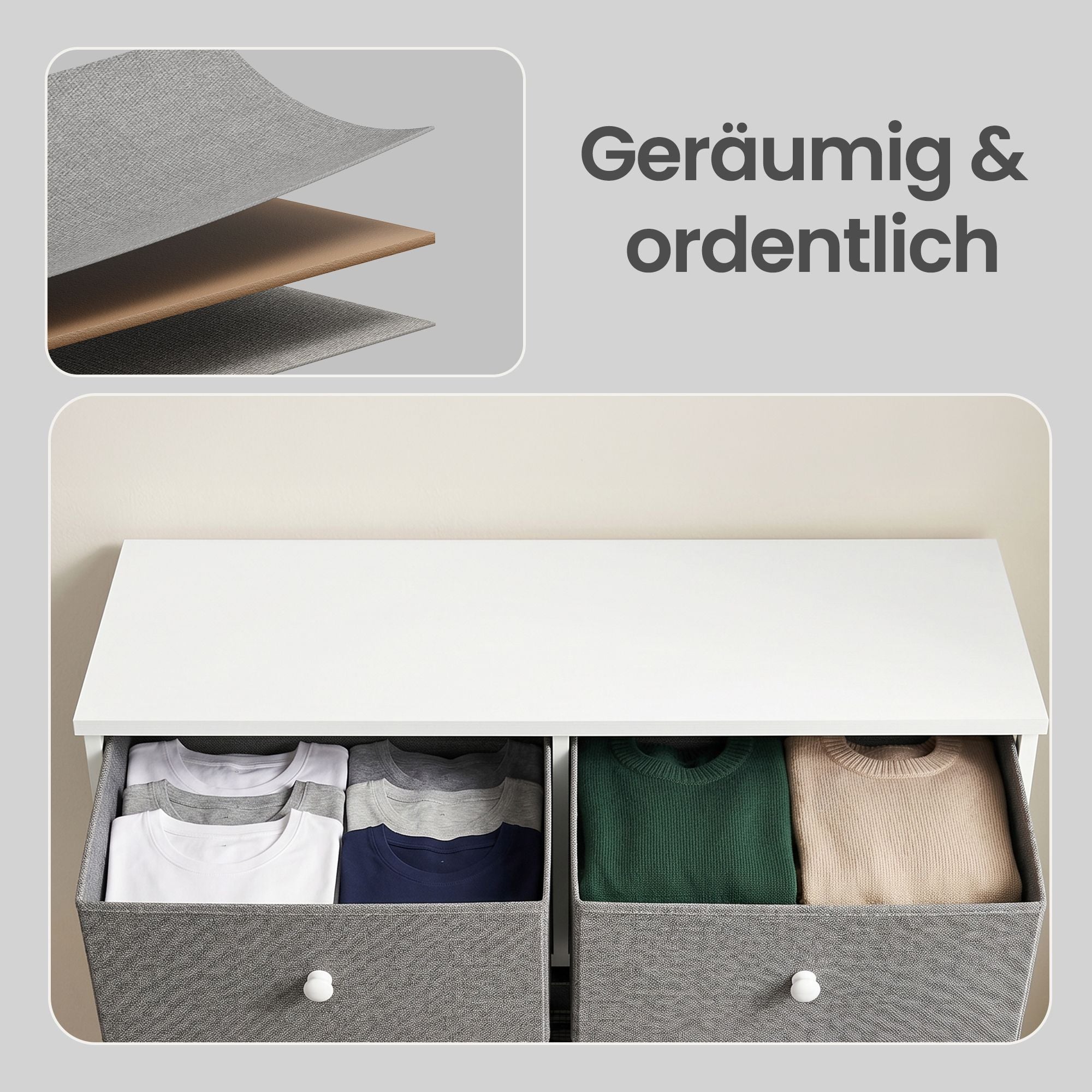 Kommode, Schrank, 6 Stoff-Schubladen