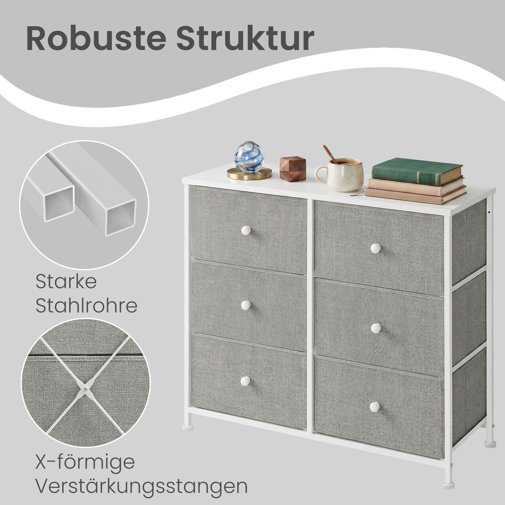 Kommode, Schrank, 6 Stoff-Schubladen