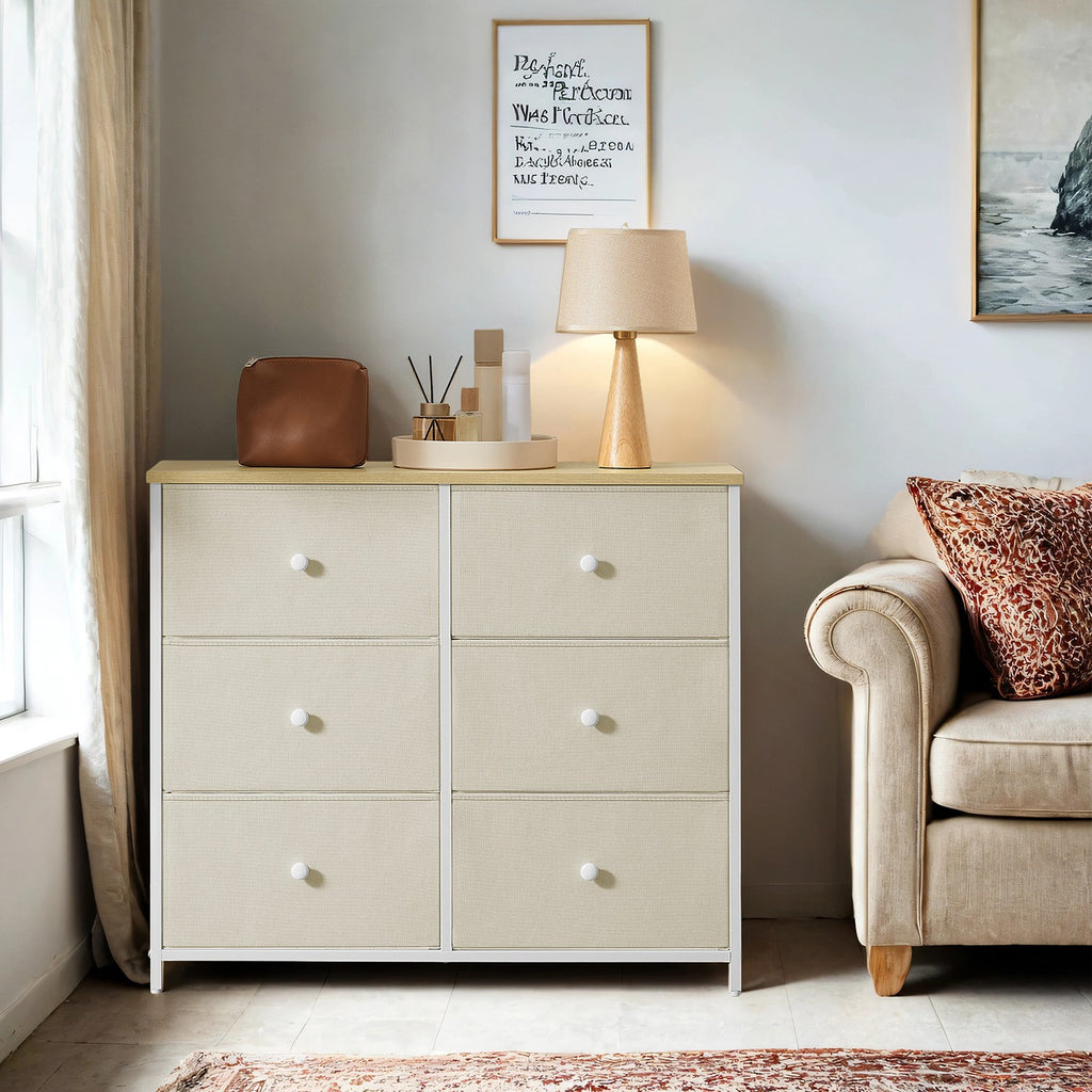 Kommode, Schrank, 6 Stoff-Schubladen