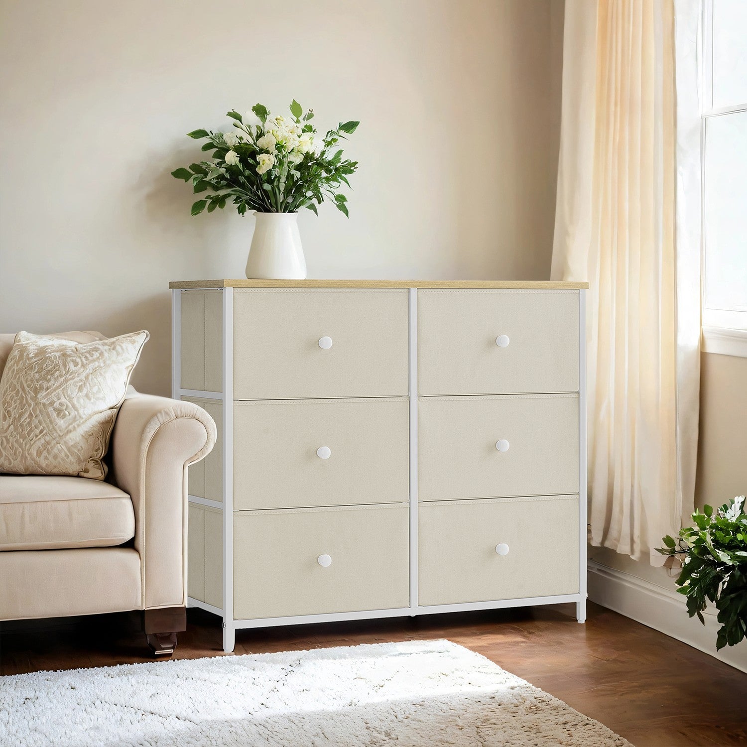 Kommode, Schrank, 6 Stoff-Schubladen