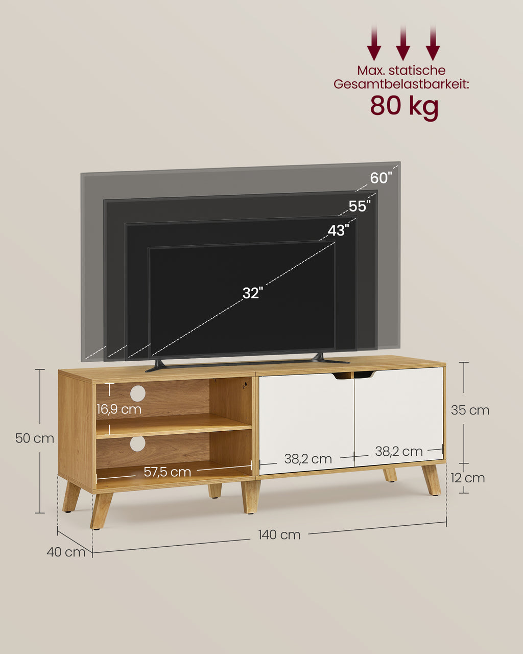 TV-Schrank 140 cm lang natureichenfarben-cremeweiß