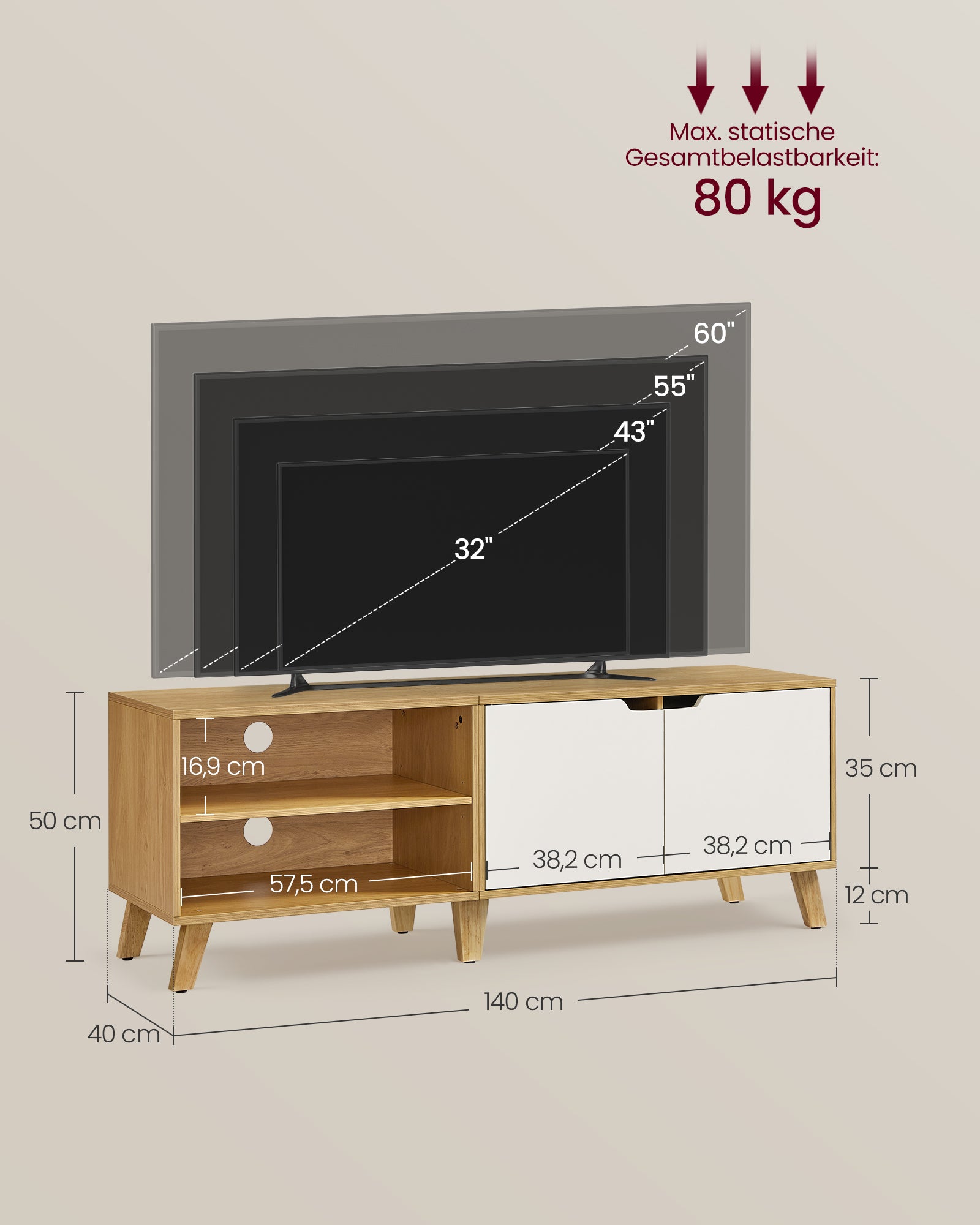 TV-Schrank 140 cm lang natureichenfarben-cremeweiß