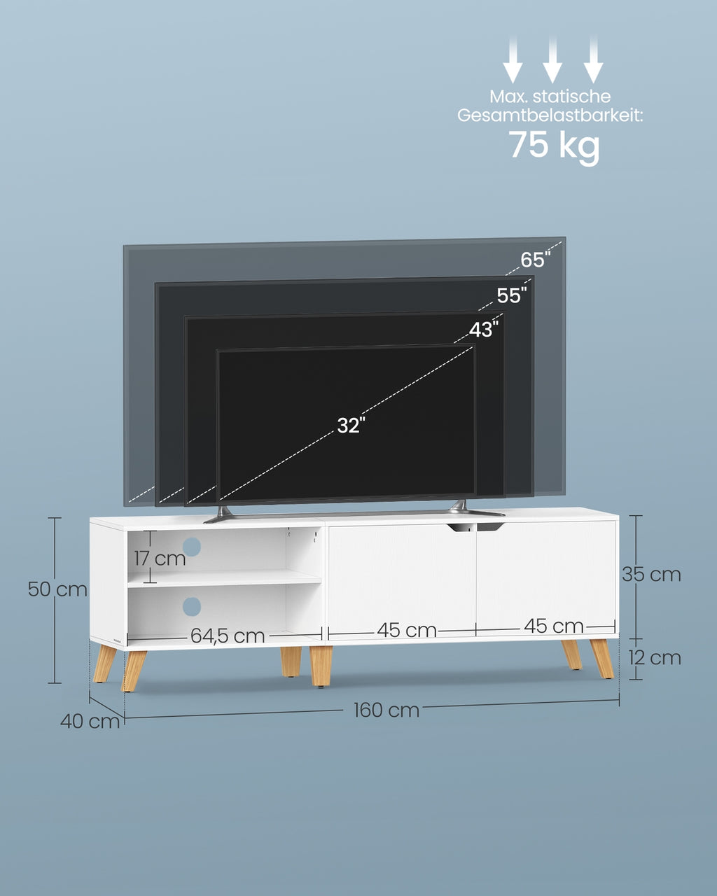 TV-Schrank 160 cm lang mit 2 Türen schneeweiß