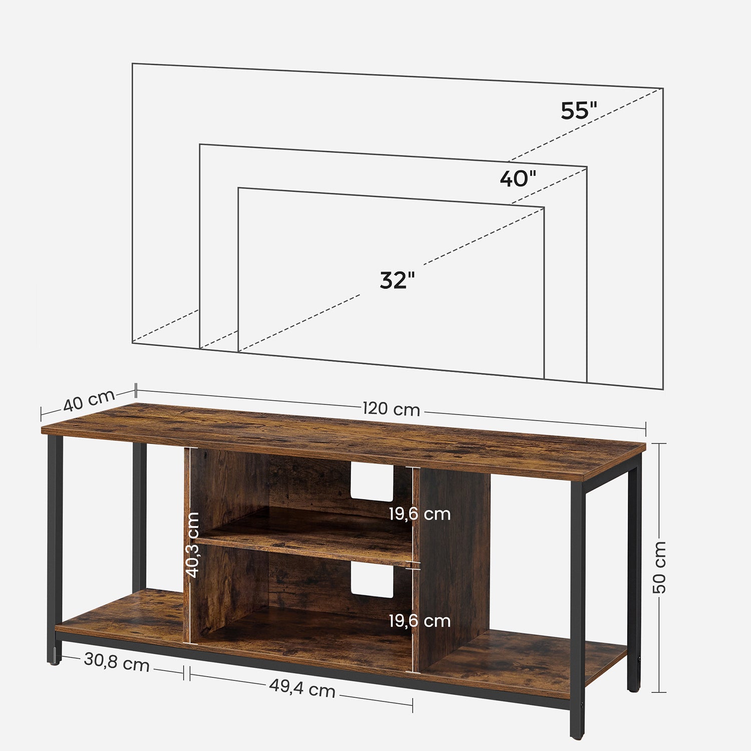 TV-Schrank mit offenen Fächern 40 x 120 x 50 cm vintagebraun-schwarz