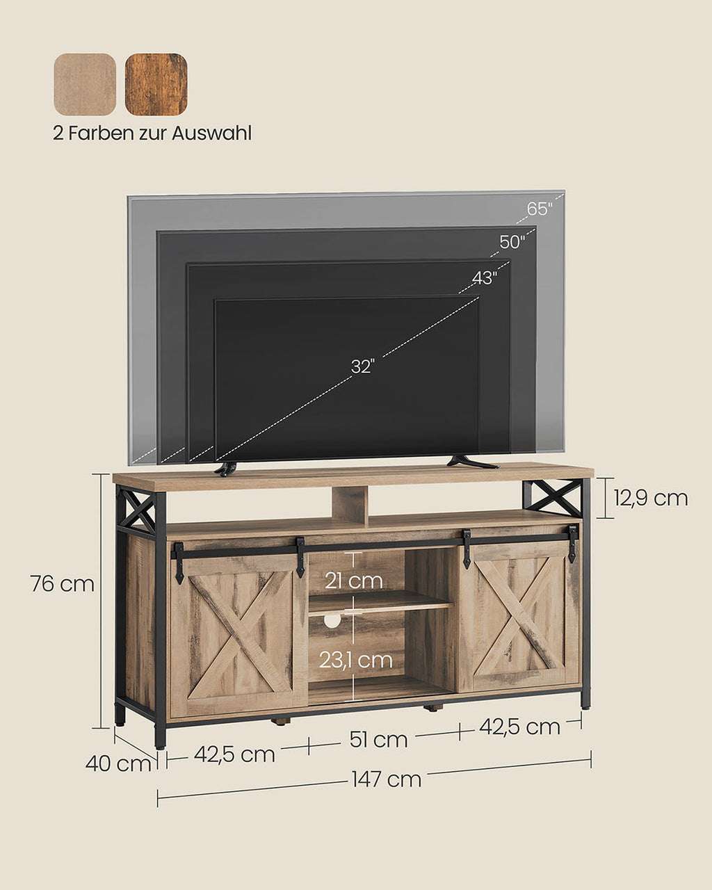 TV-Schrank für Fernseher bis zu 65 Zoll kamelbraun-schwarz