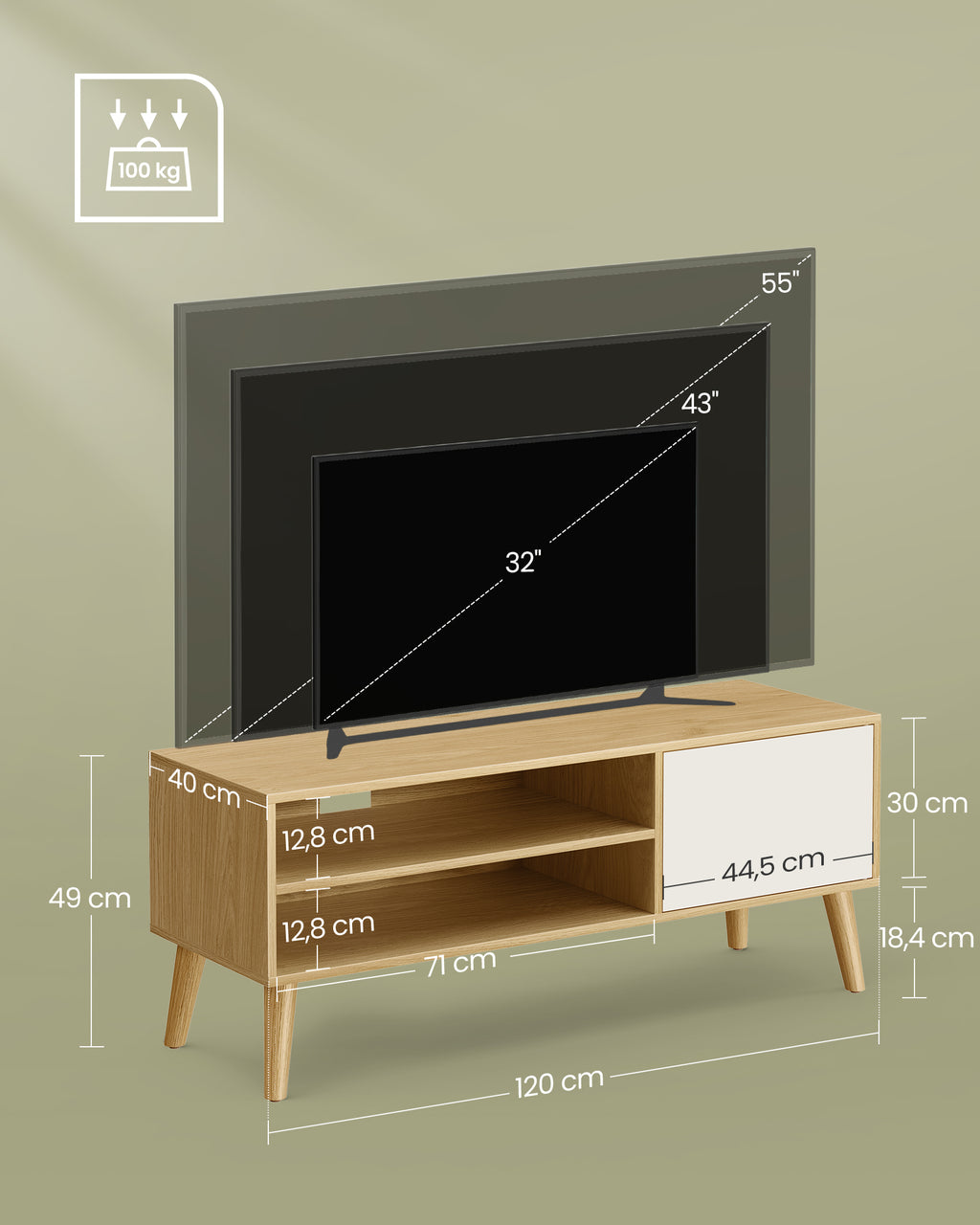 TV-Schrank 120 cm lang natureichenfarben-cremeweiß