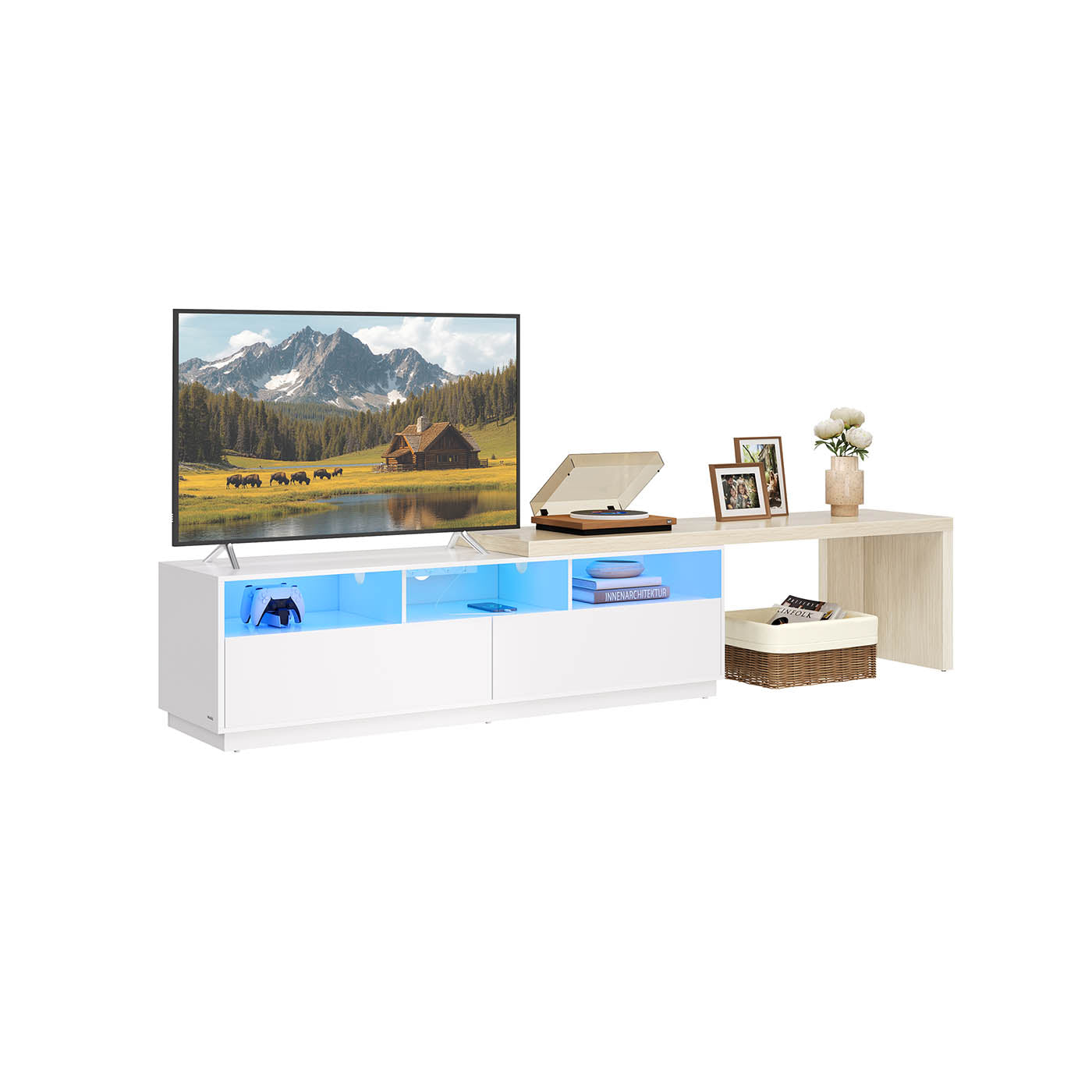 L-förmiger TV-Schrank mit verstellbarer Länge wolkenweiß-naturbeige