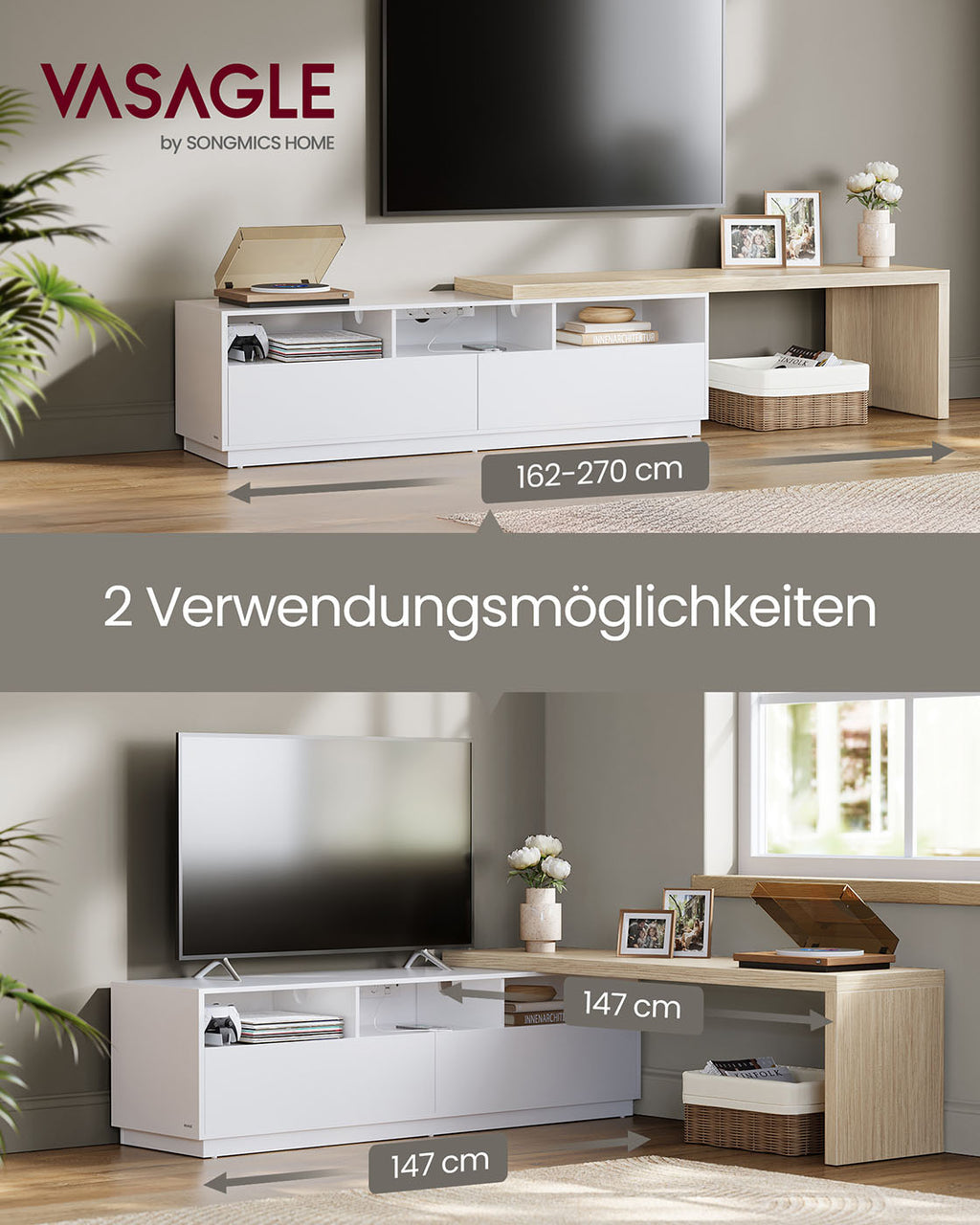 L-förmiger TV-Schrank mit verstellbarer Länge wolkenweiß-naturbeige