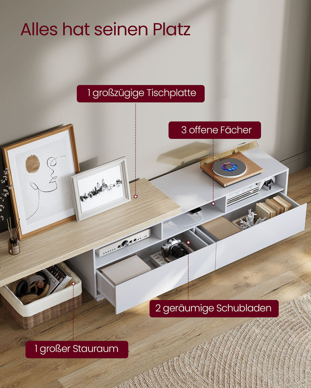 L-förmiger TV-Schrank mit verstellbarer Länge wolkenweiß-naturbeige