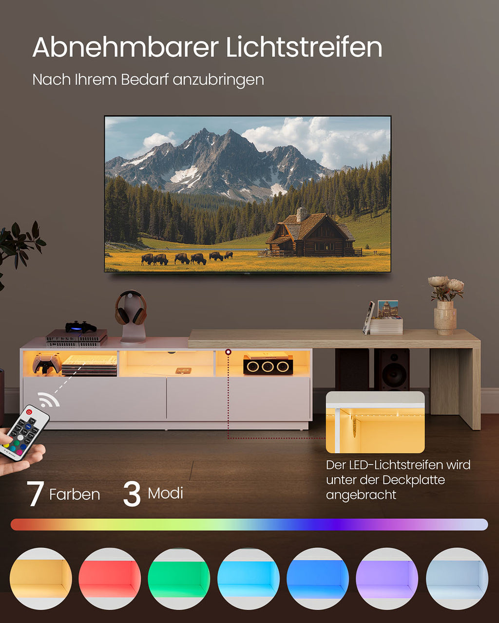 L-förmiger TV-Schrank mit verstellbarer Länge wolkenweiß-naturbeige