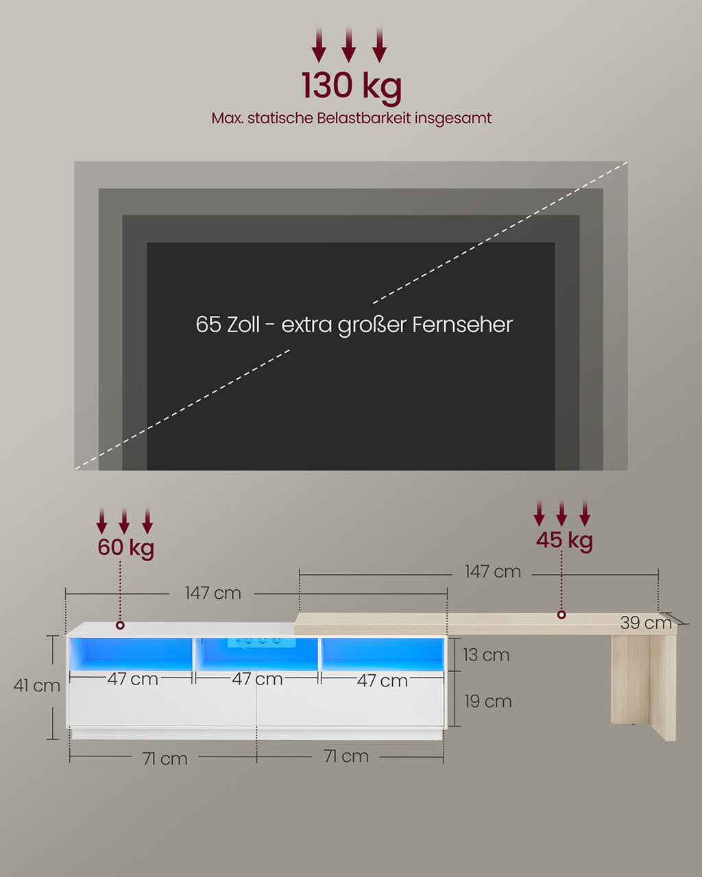 L-förmiger TV-Schrank mit verstellbarer Länge wolkenweiß-naturbeige