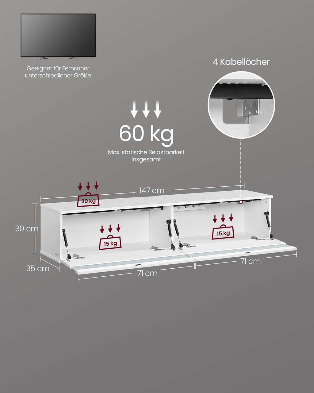 TV-Lowboard hängend 147 x 35 x 30 cm schneeweiß
