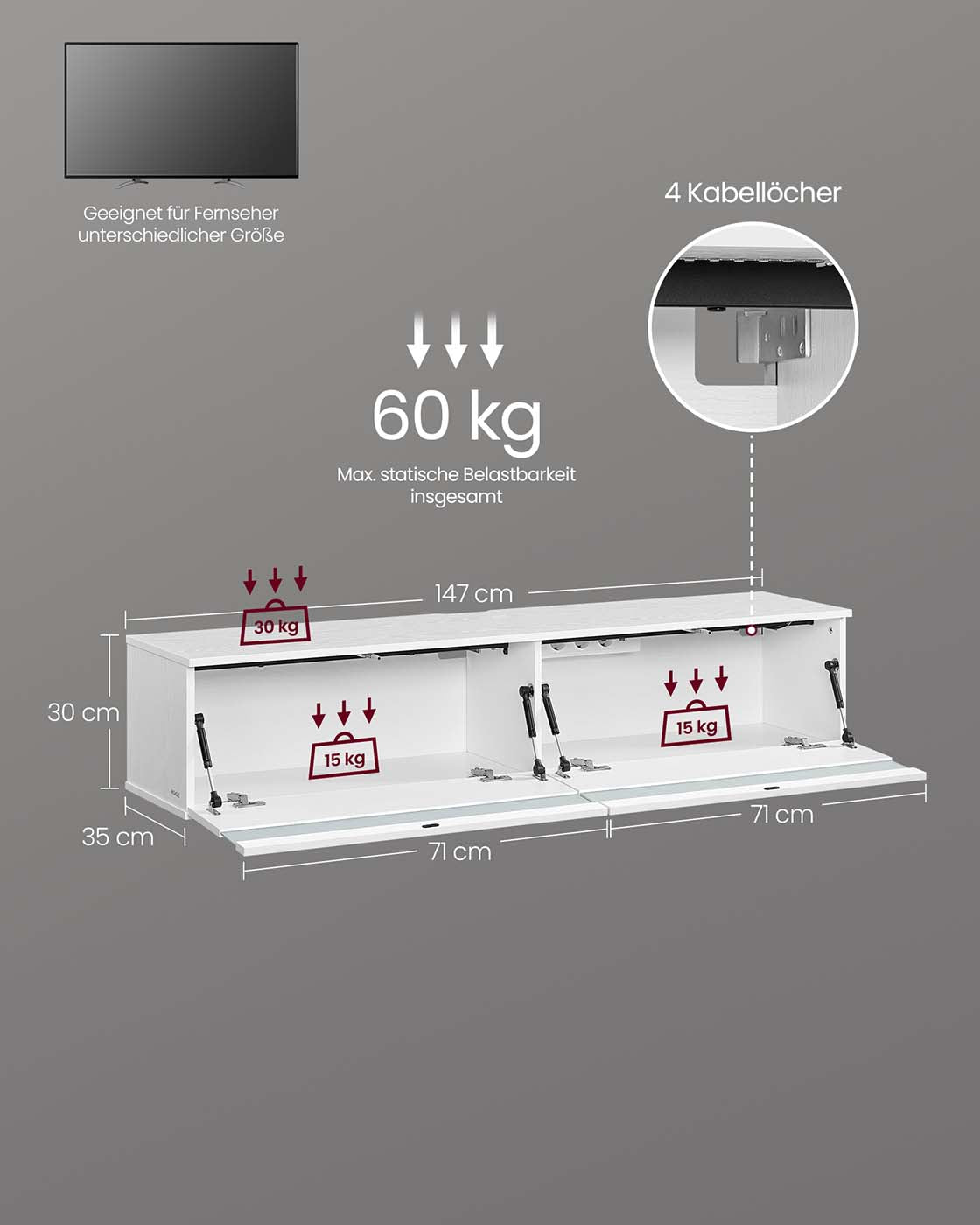 TV-Lowboard hängend 147 x 35 x 30 cm schneeweiß