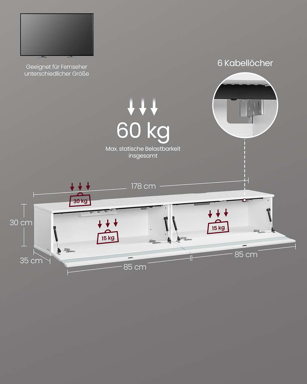 TV-Lowboard hängend 178 x 35 x 30 cm schneeweiß