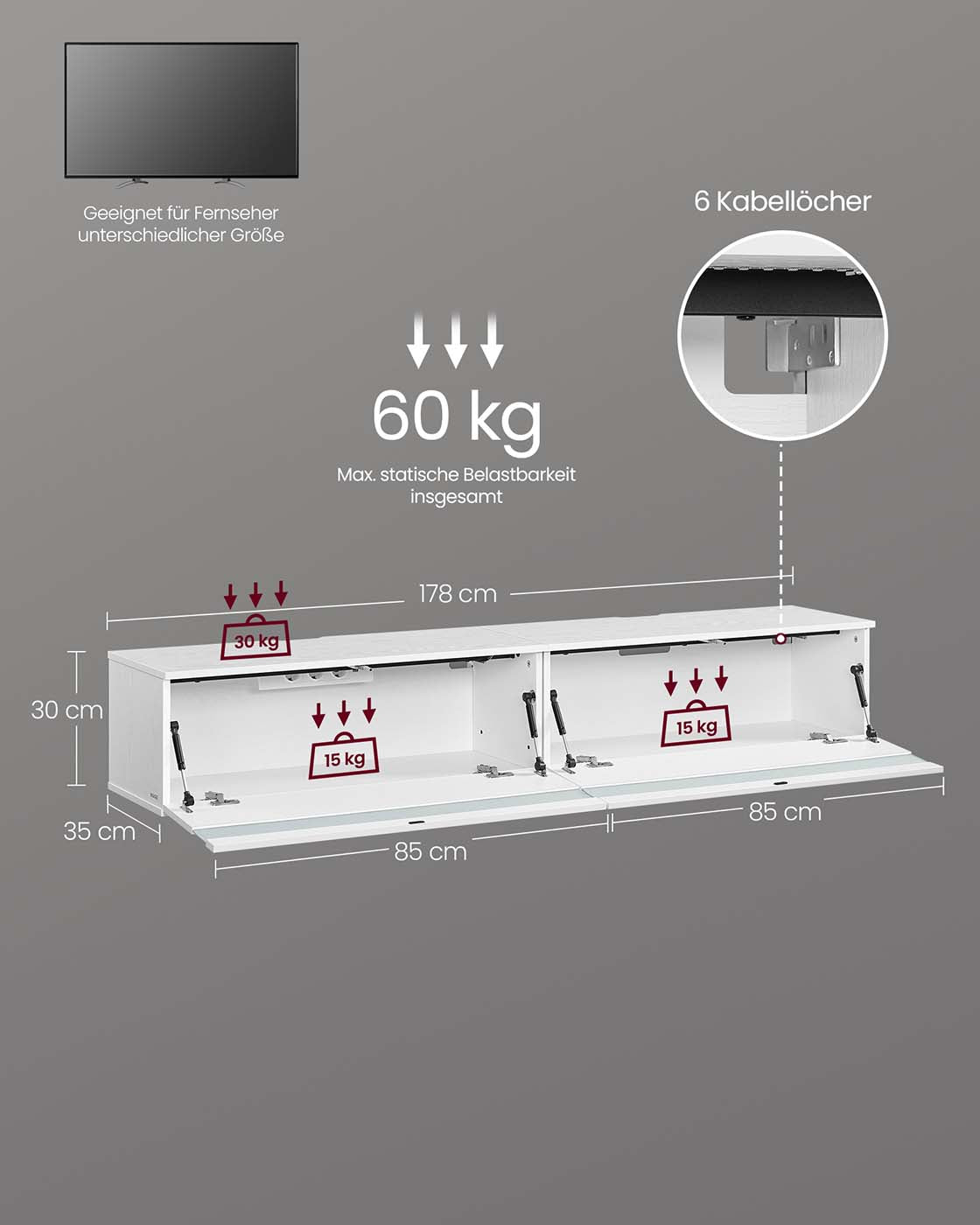 TV-Lowboard hängend 178 x 35 x 30 cm schneeweiß