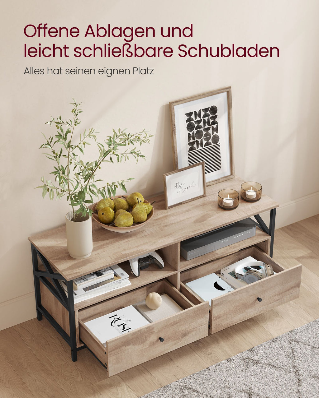 TV-Schrank 120 cm lang mit 2 Schubladen und 2 offenen Fächern