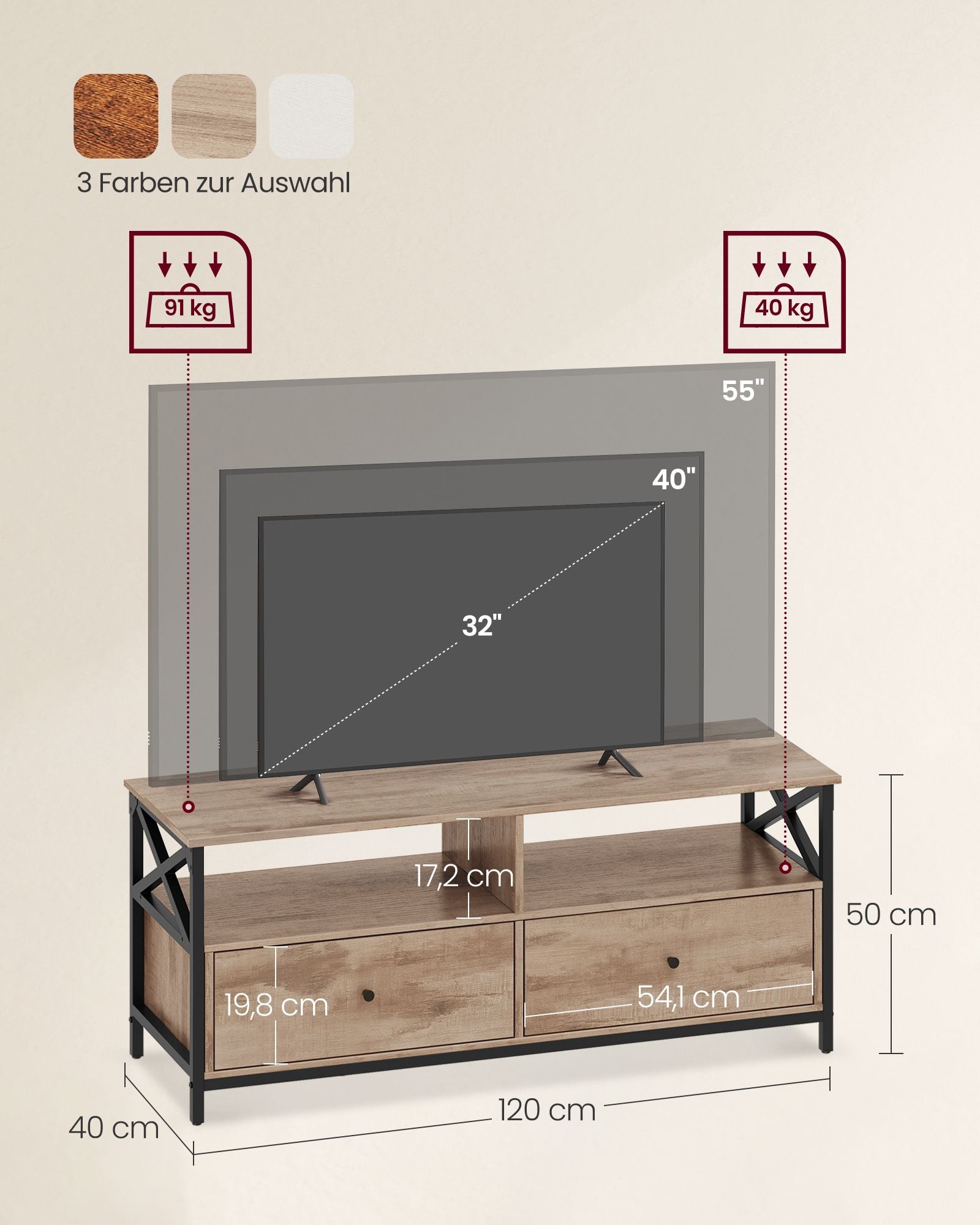 TV-Schrank 120 cm lang mit 2 Schubladen und 2 offenen Fächern